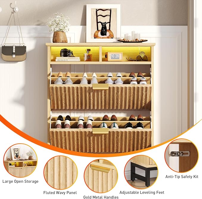 Fluted Shoe Storage Cabinet with 2 Flip Drawers, 31.5" Narrow Shoe Organizer Cabinet with LED Light, Slim Freestanding Shoe Rack Cabinet, Wooden Hidden Shoe Cabinet for Entryway, Hallway(Natural Oak)