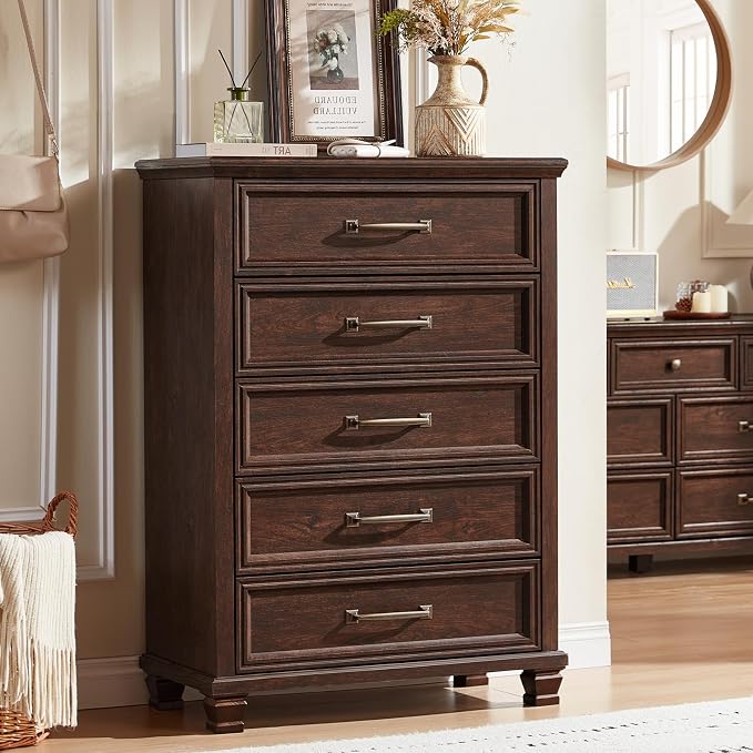 SAVOR LIFE Farmhouse Dresser and Nightstand Sets 4 Piece, 5/7 Drawer Dresser & 2 Drawer Nightstand Set, Rustic Wood Bedroom Furniture Set for Home, Bedroom, Hallway, Walnut