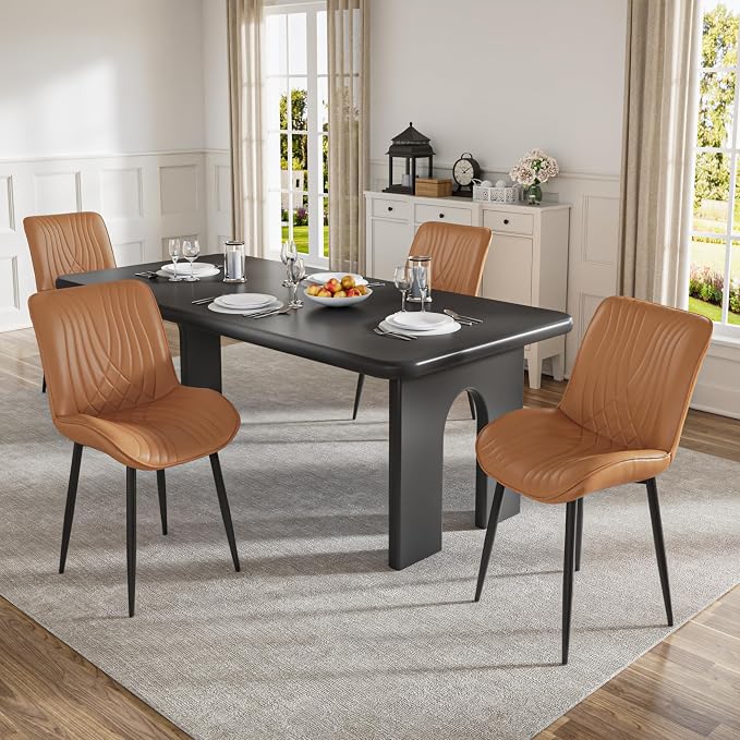 VECELO Dining Chairs Set of 4, Modern Upholstered Faux Leather Cushion Seat and Metal Legs for Kitchen, Living Room, Vintage Cognac Brown