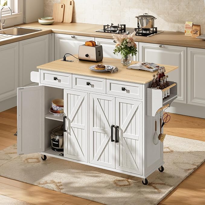 RALGEND Kitchen Island with Drop Leaf & Power Outlet, Rolling Kitchen Island Cart On Wheels, Barn Door Kitchen Island Table with Storage and Tower Rack, Island Table for Kitchen, White and Natural