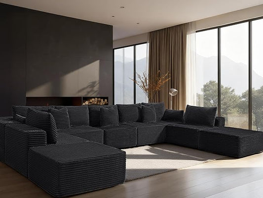 168" Cloud Sectional Couch, Comfort U Shaped Sofa for Living Room, Extra Deep Seats No Assembly, Minimalist Modular Couch, Corduroy (Black, 9 Seats,U-Shape A)