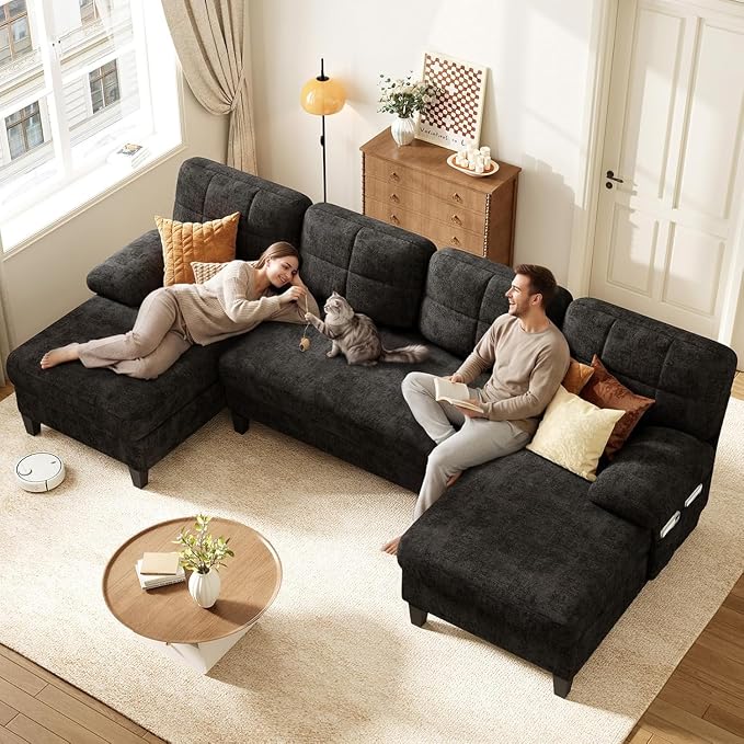 KKL U-Shaped Sectional Couch for Living Room, 112" Sectional Sofa | Modern Sofa with Double Chaise Deep Seat Couches for Living Room, Apartment, Office, Black