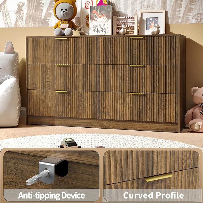 Walnut Dresser and Nightstand Sets, 6 Drawer Dresser Set for Bedroom 3 Piece, 55” Wide Fluted Wood Dressers W/Metal Handle & Night Stand Set of 2, Modern Bedroom Furniture Sets, Walnut