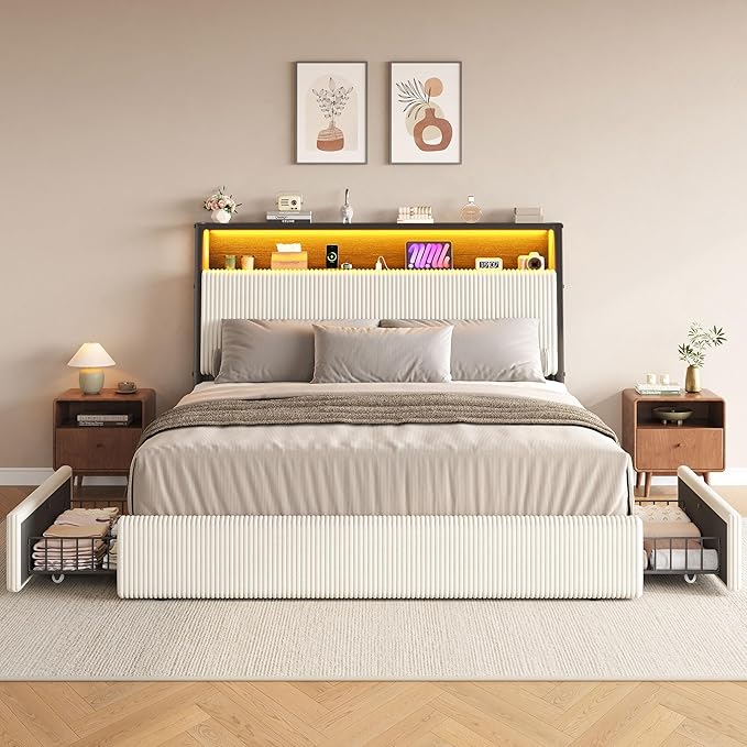Upholstered Full LED Bed Frame with 2 Storage Drawers and Charging Station, Corduroy Platform Bed with 3-Tier Storage Bookcase Headboard, Heavy Duty Metal Support, No Box Spring Needed - Beige