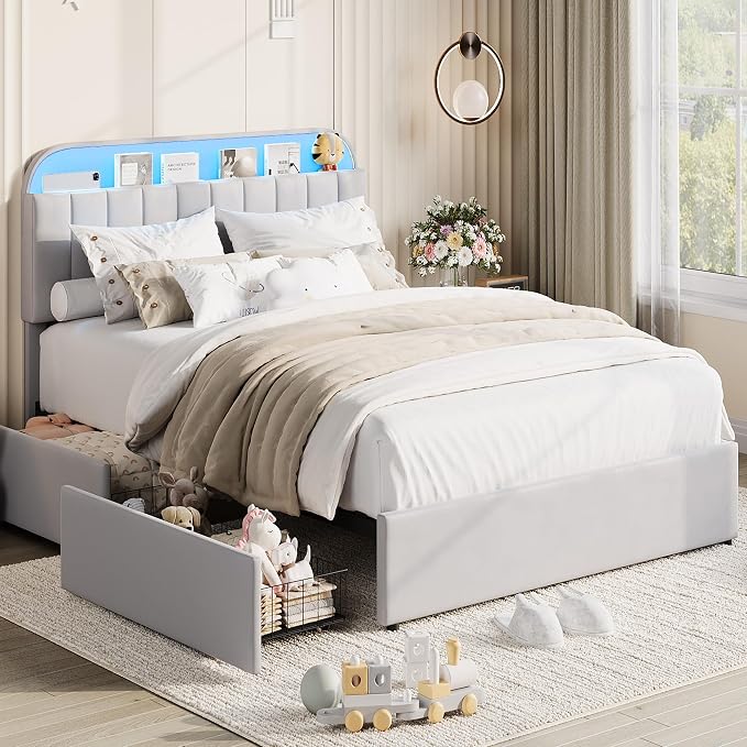 Garvee Full Size Bed Frame with 2 Flexible Drawers, Velvet Upholstered Platform Bed Frame with Bookcase Headboard and LED Lights, Kids Bed for Girls, Easy Assembly, Noise Free, Grey