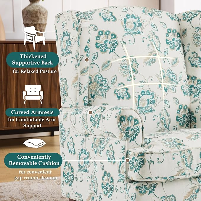 EROMMY Floral Accent Chair, Comfortable High Back Upholstered Armchair with Solid Wood Legs, Leisure Single Sofa Chair for Living Room, Home Office, Bedroom, Light Cyan Floral