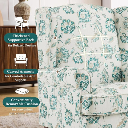 EROMMY Floral Accent Chair, Comfortable High Back Upholstered Armchair with Solid Wood Legs, Leisure Single Sofa Chair for Living Room, Home Office, Bedroom, Light Cyan Floral