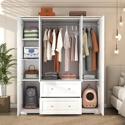 Armoire Wardrobe Closet with Drawers: 74" White Wardrobe Closet with 4 Doors, Tall Bedroom Armoires for Clothes, Wood Closets Cabinet for Hanging Clothes (59")