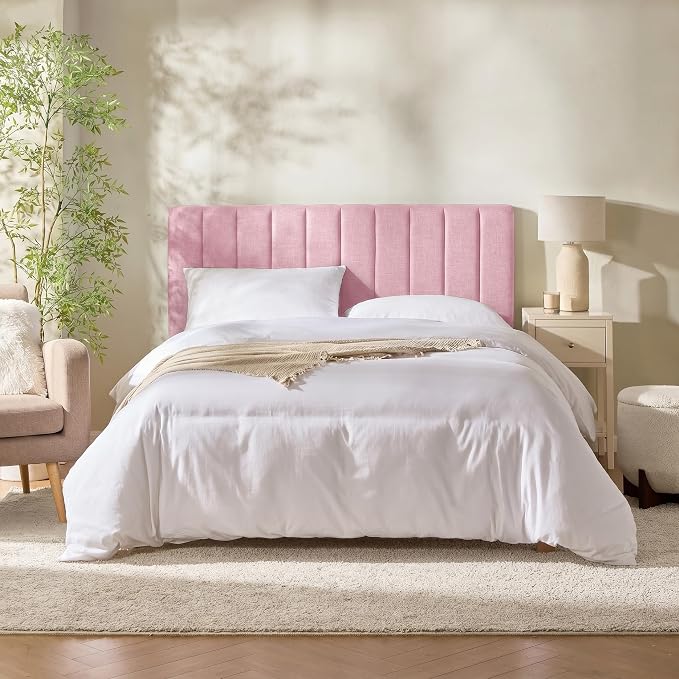 Hearth & Harbor Wall Mounted King Headboard Only, Bed Headboard King Size | Easy Assemble, Floating Peel and Stick, Upholstered, Channel Stitched, 3D Wall Panels, 5 Strips of 3M Tape Included, Pink