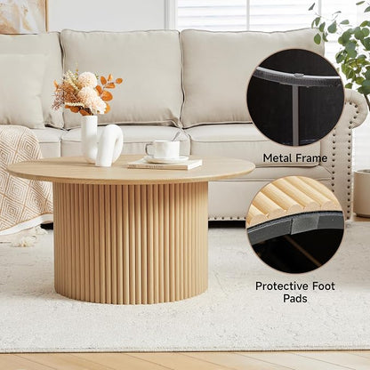 31.5" Round Coffee Table, Modern Fluted Accent Center Table with Metal Frame, Wooden Circle Coffee Tables for Living Room Small Space or Office (Natural)