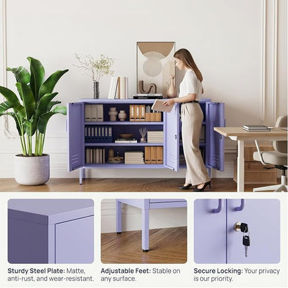 Purple Metal Storage Cabinet 3 Door Wide Metal Storage Cabinet 2 Layer Adjustable Shelves 32 "H Wide Steel Lockable Storage Cabinet Multipurpose Metal Accent Cabinet for Office/Home/Dining