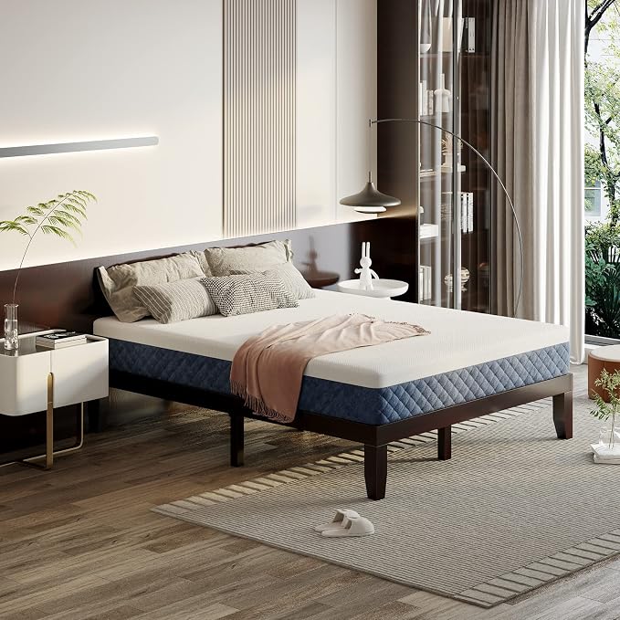 KOMFOTT 14 Inches Wood Platform Bed Frame Queen Size, Wooden Mattress Foundation with Rubber Wood Frame, Strong Wooden Slat Support, No Box Spring Needed, Bed Frame (Dark Brown)