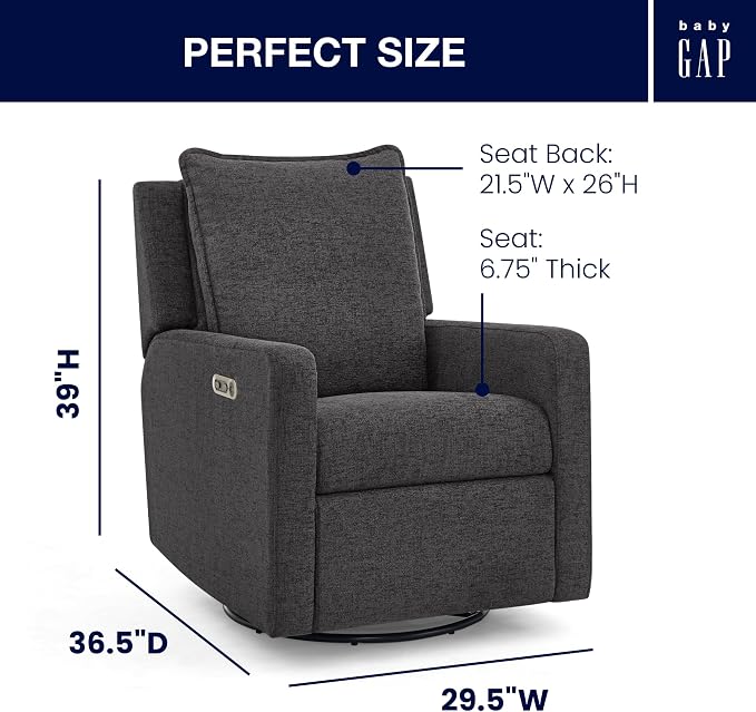 babyGap Harlowe Power Recliner with USB-A and Type-C Ports by Delta Children - Greenguard Gold Certified – Stain-Resistant Performance Fabric is Oeko-TEX Standard 100 Certified, Charcoal