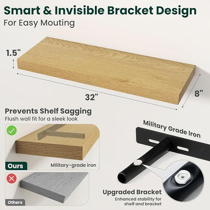 Floating Shelves for Wall, 32 Inch x 8 Inch Deep Wall Mounted Wood Shelf with Invisible Brackets for Storage & Display, Living Room Bedroom Kitchen, Oak, Set of 2