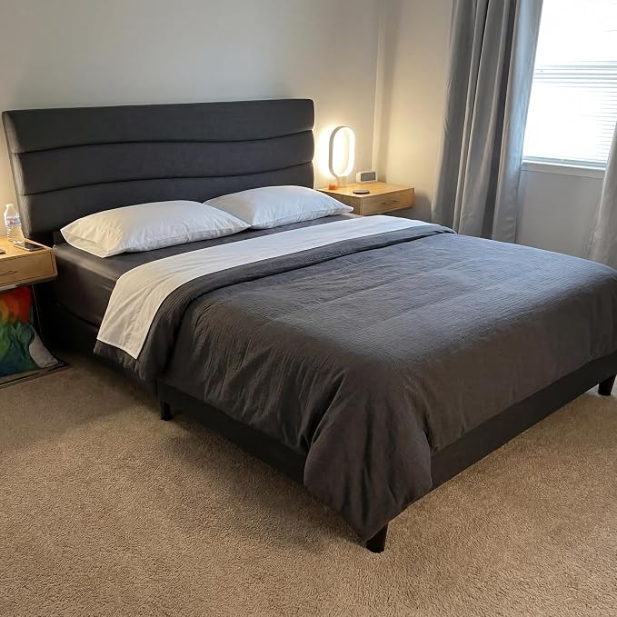 EnHomee King Bed Frame with Adjustable Height Upholstered Headboard, Charging Stations, Noise-Free Platform Bed, No Box Spring Needed,Easy Assembly, Grey