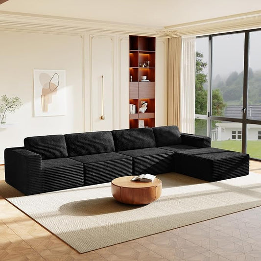 Vesgantti 159" Large Modular Sectional Sofa, L-Shaped Corduroy Cloud Couch with Deep Seats & Spring Support, 4-Seater Boneless Sofa with Movable Ottoman, No Assembly Needed, Black