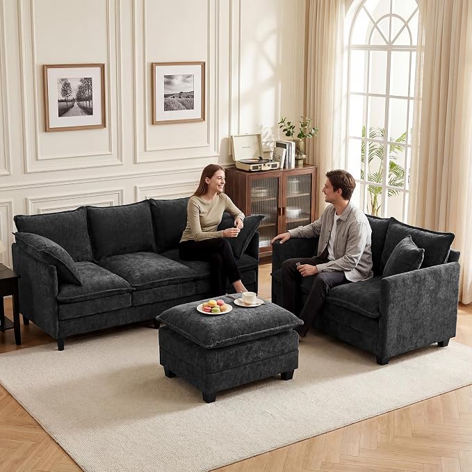 L-Shape Loveseat Sofa Couch with Ottoman, Small 50" Love Seat 27" Deep Cloud Sofa Washable Chenille Pillow for Apartment Bedroom Dorm Attic Studio Office Living Room Small Space 8833-BLACK-L