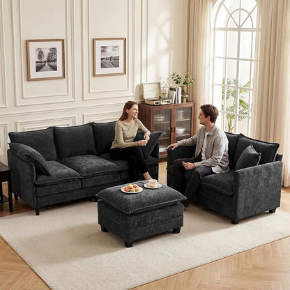 L-Shape Loveseat Sofa Couch with Ottoman, Small 50" Love Seat 27" Deep Cloud Sofa Washable Chenille Pillow for Apartment Bedroom Dorm Attic Studio Office Living Room Small Space 8833-BLACK-L