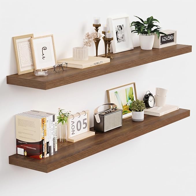 Vivelove Walnut Floating Shelves 40 Inches Long, Wall Display Shelves with Invisible Brackets, for Bathroom Living Room Kitchen Bedroom Office Farmhouse Home Decor, 40x9.3X 1.5 - Set of 2, Walnut