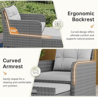 LHBcraft 5 Piece Outdoor Furniture Set, PE Rattan Balcony Furniture with Soft Cushions, Patio Set 2 Ottoman & Table for Porch, Lawn, Garden, Grey