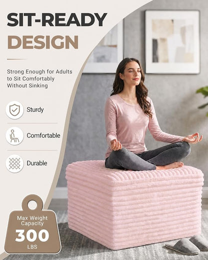 23.6in Pouf Ottoman, Corduroy Ottoman Foot Rest with Dual‑Layer Support, Large Poofy Pouf with Soft Chunk‑Foam Top & Firm Foam Base, Floor Foot Stool for Living Room, Pink