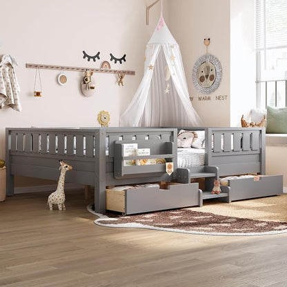 Bellemave Queen Size Bed with Slats and Stairs, Queen Size Platform Bed Frame with Fence, Bookshelf and Storage Drawers, Easy Assemble Beds for Girls, Boys, Gray