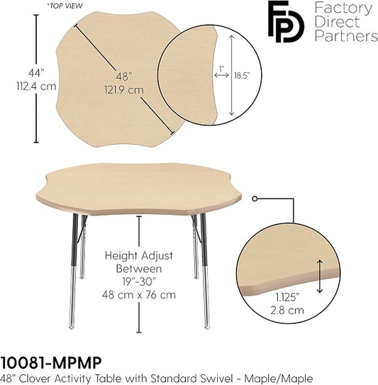 FDP Clover Activity School and Office Table (48 x 48 inch), Standard Legs with Swivel Glides for Collaborative Seating Environments, Adjustable Height 19-30 inches - Maple Top and Maple Edge