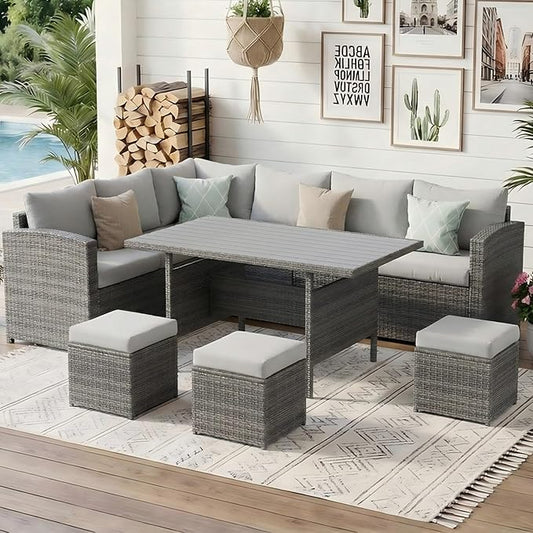 Wisteria Lane 7 Piece Patio Furniture Set, Wicker Patio Sectional with Wide Armrest, All Weather Outdoor Dining Set, Outdoor Furniture Patio Conversation Set with Ottoman, Ash Gray