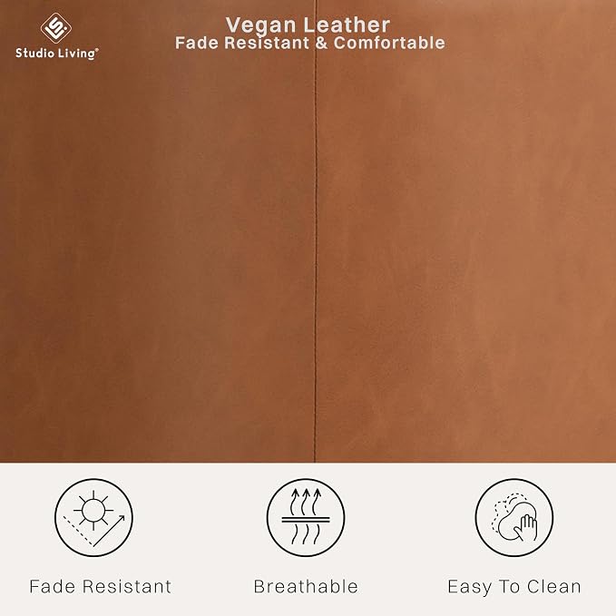 Lifestyle Solutions 19” Wentworth Ottoman Round Faux Leather Bench, Stationary Ottomans, Backless Chair, Footrest for Living Room, Footstool Office, Bedroom, Padded Seat, Caramel Brown