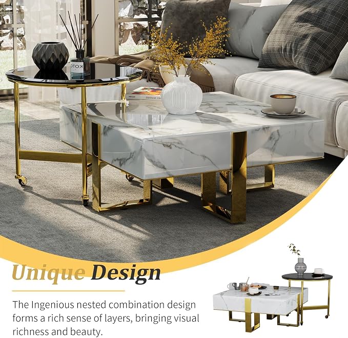 White Faux Marble Coffee Table Set with End Table, Luxurious Gold Coffee Tables 2 in 1, Nesting Coffee Table Set for Living Room Apartment