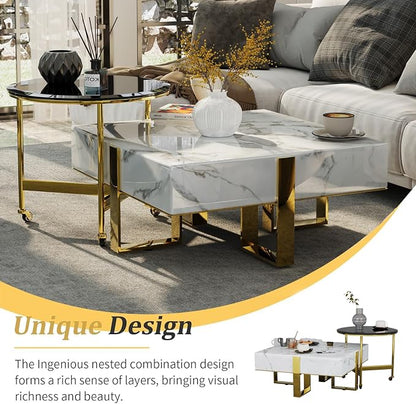 White Faux Marble Coffee Table Set with End Table, Luxurious Gold Coffee Tables 2 in 1, Nesting Coffee Table Set for Living Room Apartment