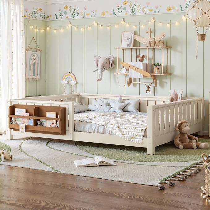 Bellemave Beige Light Natural Montessori Floor Bed with Fence and Slats, Queen Size Montessori Floor Bed with Bookcase and High Rails, Easy Assemble Bed Frame for Girls, Boys, Queen