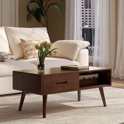 100% Solid Wood Coffee Table with Storage, Mid Century Modern Coffee Tables for Living Room, 39.37" W Coffee Table with 2 Drawers for Home (Oak Walnut Colour)