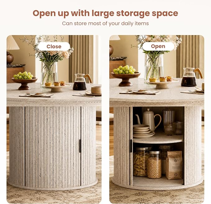 47''-63'' Extendable Round Dining Table for 4-6, Round Dining Room Table with Hidden Storage, Modern Wooden Kitchen Table with Fluted Sliding Door Cabinet for Dining Room Kitchen, White