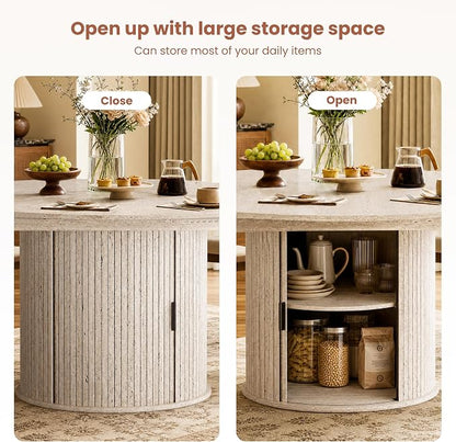 47''-63'' Extendable Round Dining Table for 4-6, Round Dining Room Table with Hidden Storage, Modern Wooden Kitchen Table with Fluted Sliding Door Cabinet for Dining Room Kitchen, White