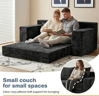 Boneless Loveseat Sleeper Sofa Bed, 3-in-1 Convertible Sofa Bed and Floor Futon Couch (Velvet-Black, Loveseat (55"))