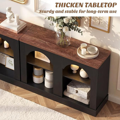 Unikito Arched Console Table with LED Lights, 94" Long Farmhouse Entryway Table with Adjustable Shelves, Sideboard Buffet Storage Cabinet for Entrance/Hallway/Living Room, Sofa Table Behind Couch