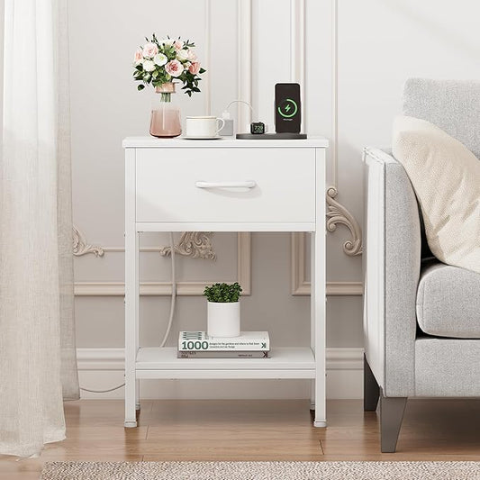 Vagusicc White Nightstand Set of 2 with Charging Station, Bed Side Table with Fabric Drawer, Small End Table with 2-Tier Storage Shelves, 25.4" Tall Bedside Table, Night Stand for Bedroom, Living Room