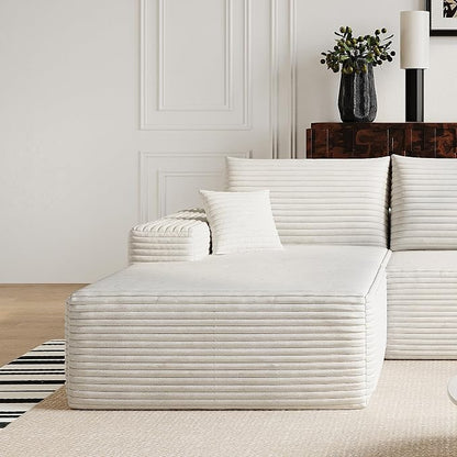 107" Corduroy Couch for Office, Cloud L Shape Sofa, Deep Seat Comfy Couches for Living Room Bedroom Apartment, Compressed Foam No Assembly Required, Left Facing Chaise, White