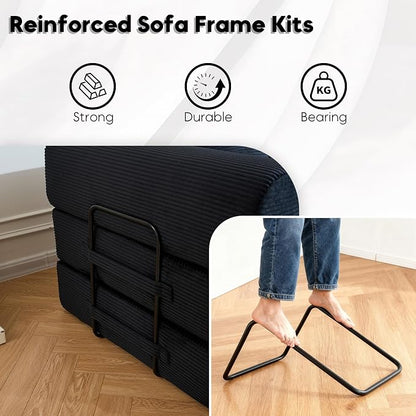 ZEIINPA 59“ Convertible Floor Sofa Bed, 5-in-1 Futon Sofa Bed Pull Out Sleeper Couch, Modern Corduroy Compressed Loveseat, Modular Boneless Couches for Living Room, No Assembly Required, Black