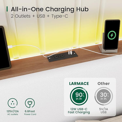 LARMACE King Size Bed Frame with LED Lights and Charging Station Linen Upholstered Platform Bed Frame with 51.2" Tall Wingback Headboard and Storage Shelf, No Box Spring Needed, Easy Assembly, Cream