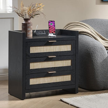 SICOTAS Nightstands Set of 2 Bedside Table - Larger Rattan Night Stand with Type-C Charging Station, 3 Drawers Storage - Boho Tall Night Stands End Table for Bedroom Office - Black Oak
