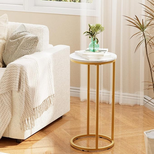 C Shaped End Table, Couch Side Tables for Living Room, Round Sofa End Table with Metal Frame, Small Wooden Snack Table for Bedroom, Small Spaces, Easy Assembly (Gold,2pcs)