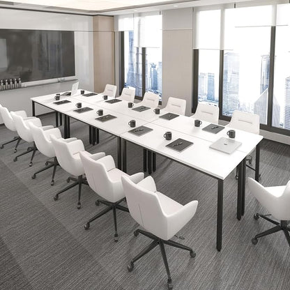 Bonzy Home Conference Tables 12ft Office Computer Desk for Meeting Room Study Writing Printer Table Save Space Design for 14 People 6PCS 141.6"x47.2"x29.5", White