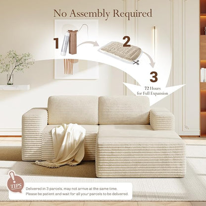 Vesgantti 80" Modular Sectional Sofa, Corduroy Cloud Couch with Deep Seats & Spring Support, Compact 2 Seater Boneless Couch, L-Shaped Modular Sofa for Small Spaces, Apartments, No Assembly, Beige