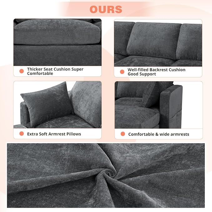 110” Chenille 4-Seats Sofa W/Two Movable Ottomans, Grey | Modern Fabric U-Shaped Couch w/Soft Backrests, Upholstered Sectional Sofa w/Arm Pillows for Living Room, Office