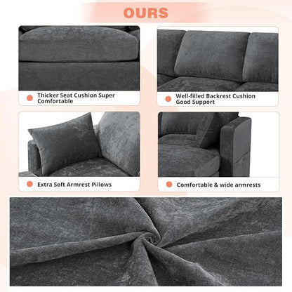110” Chenille 4-Seats Sofa W/Two Movable Ottomans, Grey | Modern Fabric U-Shaped Couch w/Soft Backrests, Upholstered Sectional Sofa w/Arm Pillows for Living Room, Office
