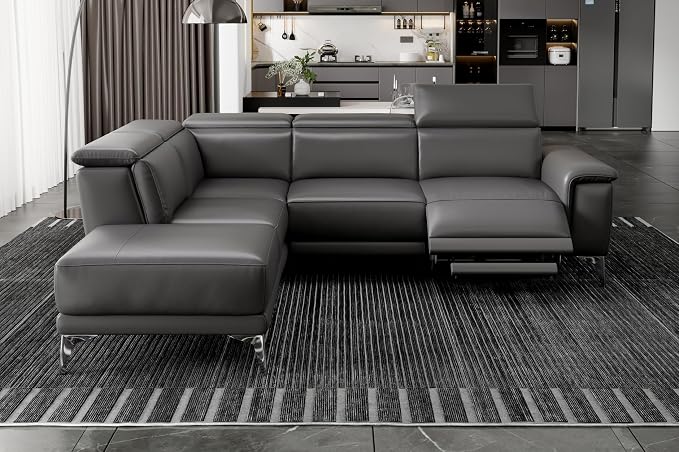 Valencia Pista 113" Cloudy Grey Full Leather Reclining Sectional Sofa with Left Hand Chaise | Power Recliner Chair, Nappa 11000 Leather | L Shaped Couch for Living Room Furniture