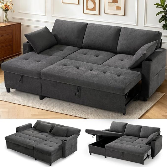 84" L-Shape Pull Out Sofa with 2 Storage Chaise, Grey | Fabric Sectional Sleeper Sofa with Adjustable Backrest, Upholstered Reversible Couch Bed with USB Port for Living Room, House