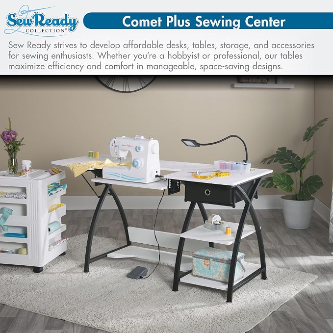 Sew Ready Comet Plus Craft Sewing Table, 56.75 x 23.5" Overall Platform Size with Accurate Fabric Cutting Grid-Top and Storage Drawer, Black/White